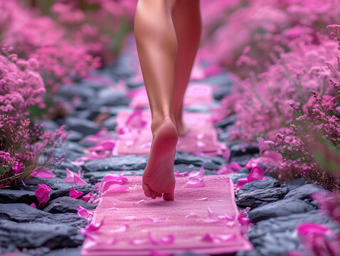 Caminar por un sendero empedrado, con alfombras rosas, pétalos, piernas descasas avanzando, superar obstáculos,   campaña prevención, cáncer de mamas, recorrido, detección precoz, ciencia estadística