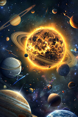 A detailed artistic representation of the solar system complete with planets, the sun, asteroid...