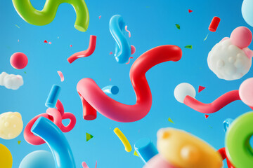Craft a cheerful scene with squishy, 3D squiggles and loops in a candy-colored palette floating against a sky-blue background, Playful Abstract Shapes