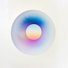 A white circle with a blue, purple and yellow gradient inside the center on a white background, in the holographic lithograph Digital illustration of an abstract, iridescent eye design with soft hues