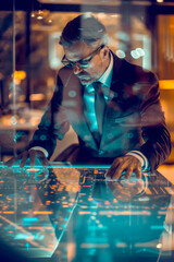 Modern Executive: A business leader in a chic office, planning on a futuristic holographic display.Businessman analyzing digital data on a futuristic interactive touchscreen display. - obrazy, fototapety, plakaty