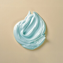 Craft an image of a glossy dollop of sky-blue cream whimsically swirling on an ivory backdrop, Smooth swirl of pastel blue cream on a neutral background