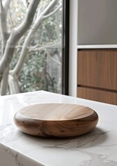 Medical Elegance: Rounded Wood Base on White Marble Counter
