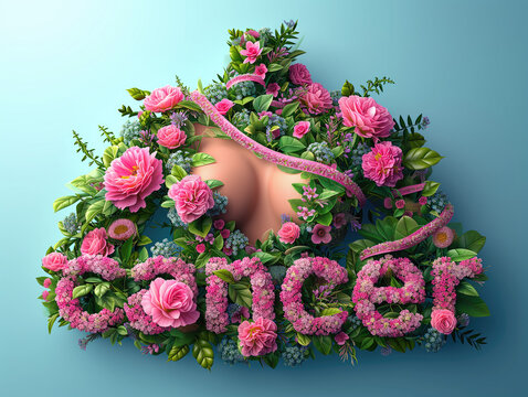 Lucha contra el c&aacute;ncer de mama, concepto gr&aacute;fico para una carrera solidaria en beneficio de la causa, busto de flores rosas y hojas verdes, la palabra "cancer", fondo azul claro
