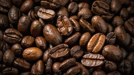 Fototapeta premium aerial photograph of a diverse assortment of freshly roasted coffee beans scattered elegantly across a textured dark wooden table.