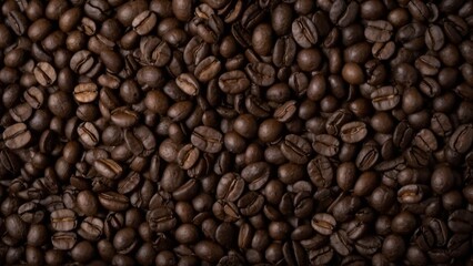 aerial photograph of a diverse assortment of freshly roasted coffee beans scattered elegantly...