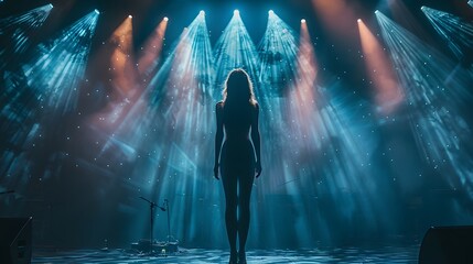the elegant silhouette of a renowned vocalist as she takes center stage, her presence illuminated...