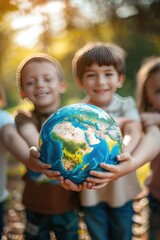 children hold a globe on the background of nature. selective focus