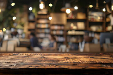 Empty wooden table for present product on coffee shop blur background.