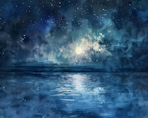 Night sky over a calm sea, watercolor painting effect, perspective from the shore, dark palette with starlight