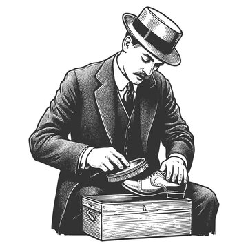 recommend clip art: gentleman carefully shining a shoe, depicting classic personal grooming sketch engraving generative ai fictional character raster illustration. Scratch board imitation. Black and white image.