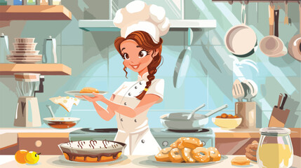 Female chef with freshly baked pastry in kitchen vector