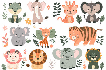 a group of different animals and plants on a white background