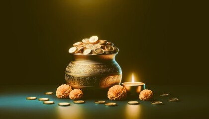 Akshaya tritiya vintage background with a pot with gold coins and decoration. 