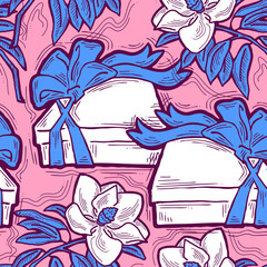 Gift box, ribbon and flowers seamless vector pattern for wrapping present with bow, party celebration, sale promotion, Textile print, fabric design, banner background. Hand drawn style illustration.