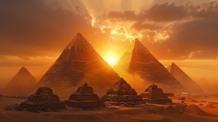 Sunset over the Pyramids of Giza, mystical atmosphere, ancient Egypt