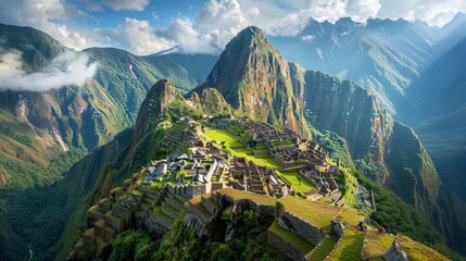 Panoramic view of Machu Picchu, Incan ruins, lush mountains, historical site