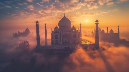 Taj Mahal at sunrise, iconic Indian monument, historical site