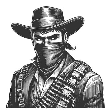 rugged outlaw from the Old West, wearing a bandana and ammo bandolier, stern look sketch engraving generative ai fictional character raster illustration. Scratch board imitation. Black and white image