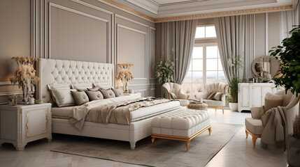 Stunning depiction of a opulent bedroom ,Luxury living room interior design with black and gold furniture,Bedroom decor, home interior design,This image showcases a modern classic design for a bedroom