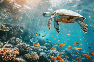 photo of Sea turtle in the island .sea turtle close up over coral reef in Hawaii ,curious sea turtle swimming gracefully through clear turquoise waters, its intricate shell adorned with barnacles	