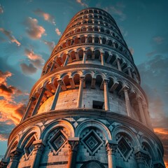 Close-up view of the Leaning Tower of Pisa, famous Italian landmark