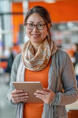 Woman Wearing Glasses and Scarf Holding Tablet