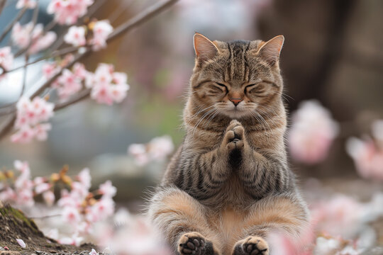 Old grey and white cat meditating with hands folded in prayer sitting on ground surrounded by pink flowers. Selective focus. Peaceful moments concept. Close up