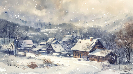 Old village under snow, watercolor aesthetic, eye-level perspective, muted pastels