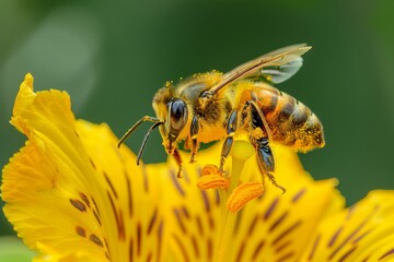 Bee flying in the air while gathering pollen from a flower in a stunning aerial maneuver
