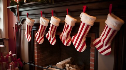 A festive fireplace with stockings hanging on the mantle