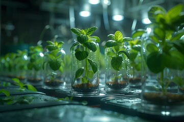 Sustainable Indoor Basil Garden in Hydroponic System at Night