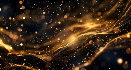 Abstract golden lights and glitter on black background, luxury abstract background design with shining gold rays of light, glowing effect for celebration or award ceremony. Vector illustration.
