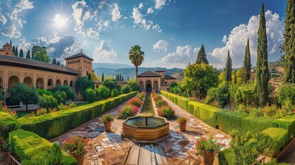 High-angle view of the Alhambra's Generalife gardens, Moorish architecture, historical site