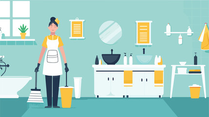 Female janitor with cleaning supplies in bathroom vector