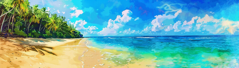 Tropical beach at noon, watercolor filter, wide angle, bright, saturated colors
