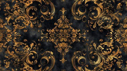 a black and gold floral pattern on a black background