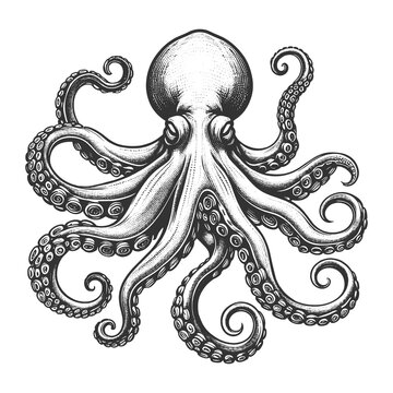 recommend clip art: octopus sea animal food with swirling tentacles and suction cups, in a classic engraving style sketch engraving generative ai raster illustration. Scratch board imitation. Black and white image.