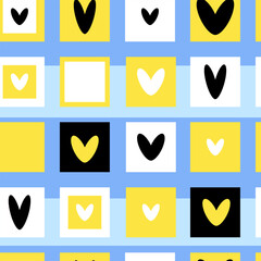 Yellow, black and white hearts inside squares on a blue striped background. Seamless pattern. Vector illustration.