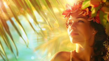 Woman with a floral crown in golden sunlight.