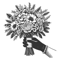 Obraz premium lush bridal bouquet with diverse flowers and foliage, perfect for vintage-themed projects sketch engraving generative ai raster illustration. Scratch board imitation. Black and white image.