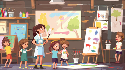Female teacher little children with paints and brushe