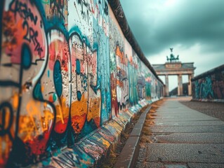 Close-up view of the Berlin Wall's graffiti art, historical site