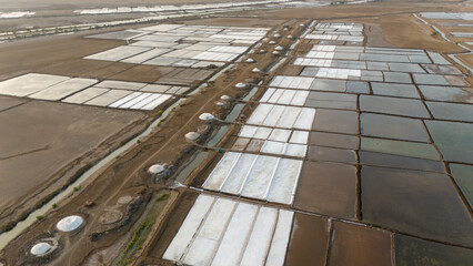 Aerial view of salt farm near sea at Valsad District,Gujarat India. Drone view of salt farming.