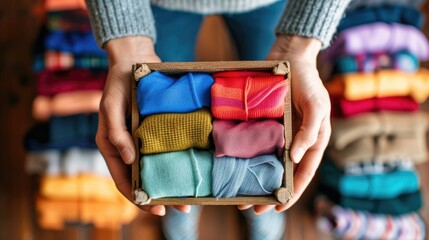 a volunteer holds a box with things. selective focus