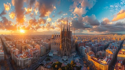 Panoramic view of the Sagrada Familia in Barcelona, iconic Spanish church - Powered by Adobe