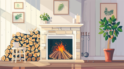 Firewood on floor near mantelpiece in living room vector