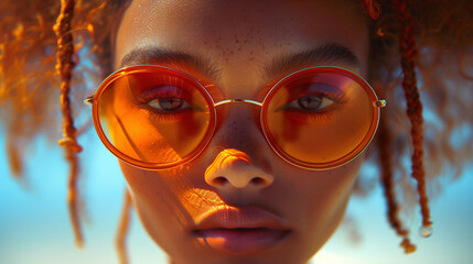 Close-up of a face with reflective orange sunglasses.