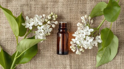 essential oil of white lilac on burlap background. selective focus