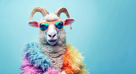 a sheep in colorful and sunglasses posing for the camera